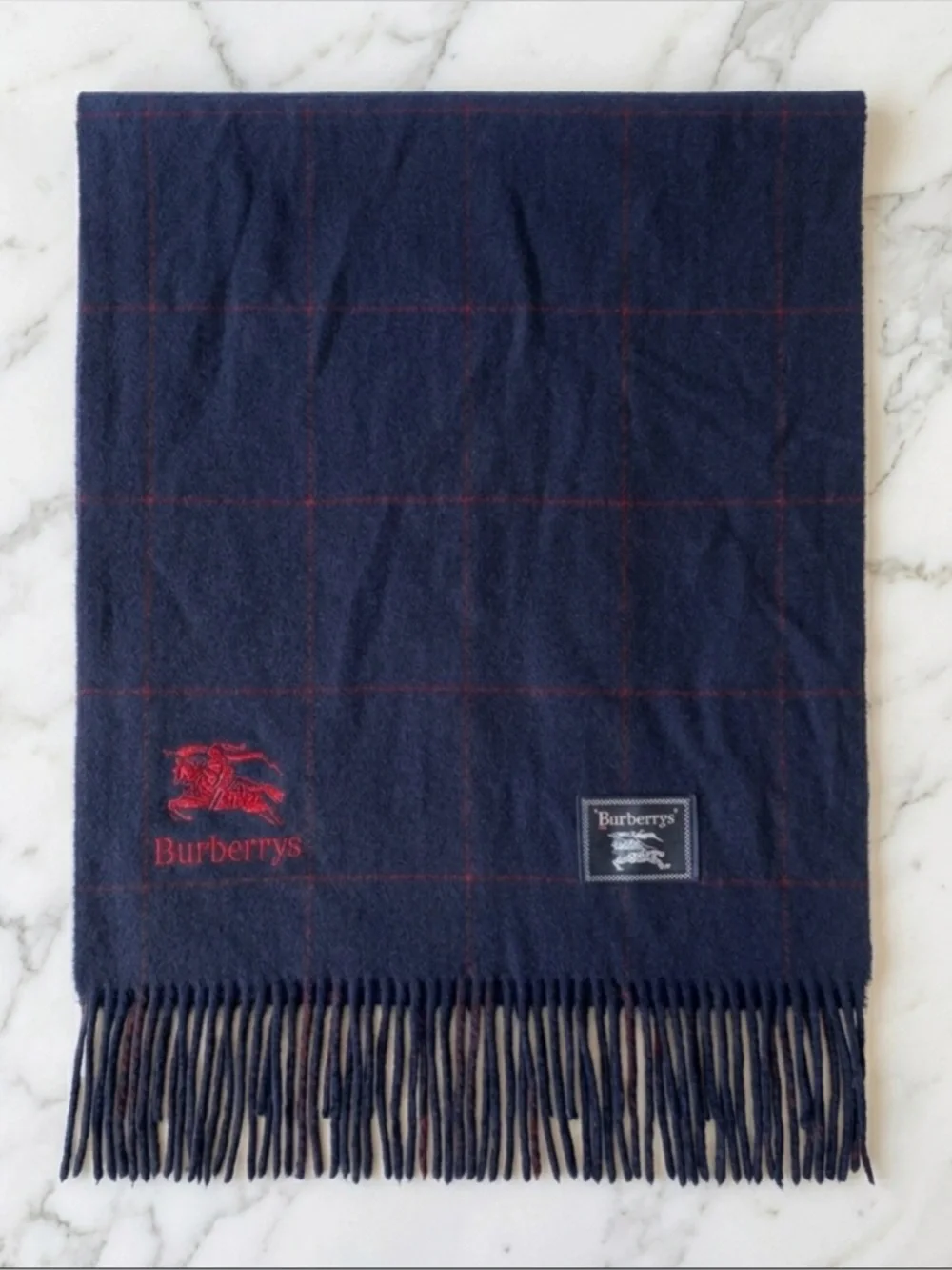Vintage Burberrys of London 100% Wool Navy Blue‎ Check Scarf Blanket 30x51